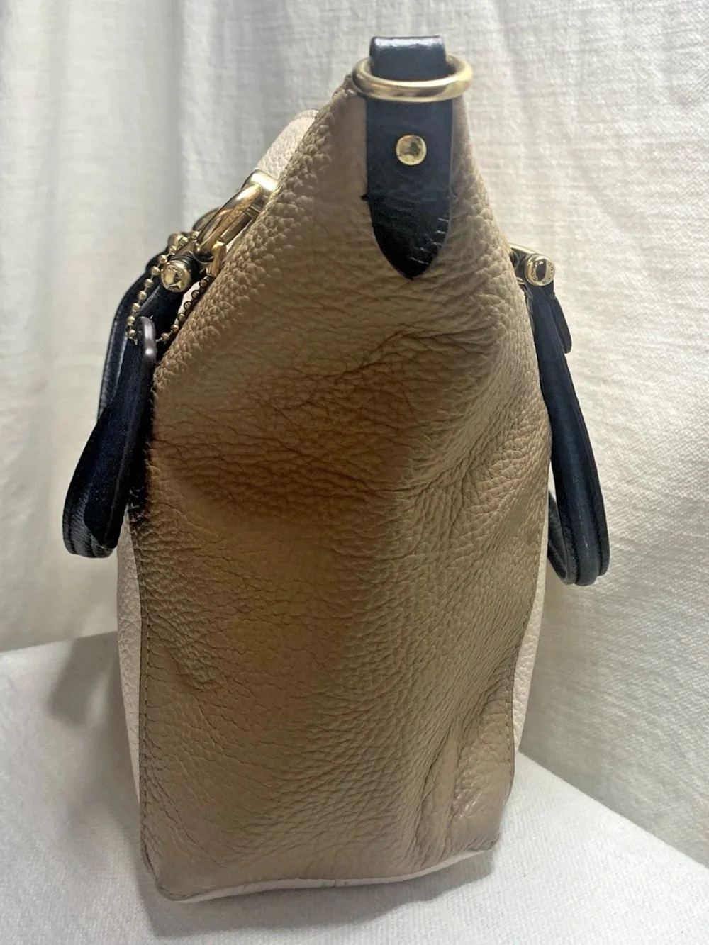 Coach Tri-Tone Leather Satchel - Cream, Tan & Navy